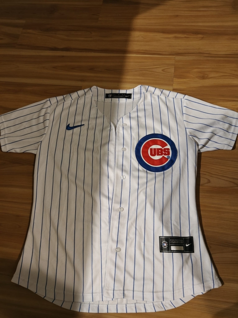 Women's Chicago Cubs Pinstripe Baseball Jersey - White, Blue & Red Size Large
